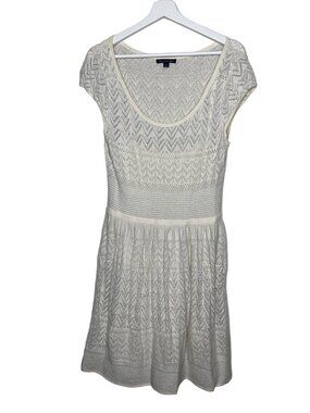 American Eagle Womens L White Crochet Sweater Dress Metallic Fit Flare